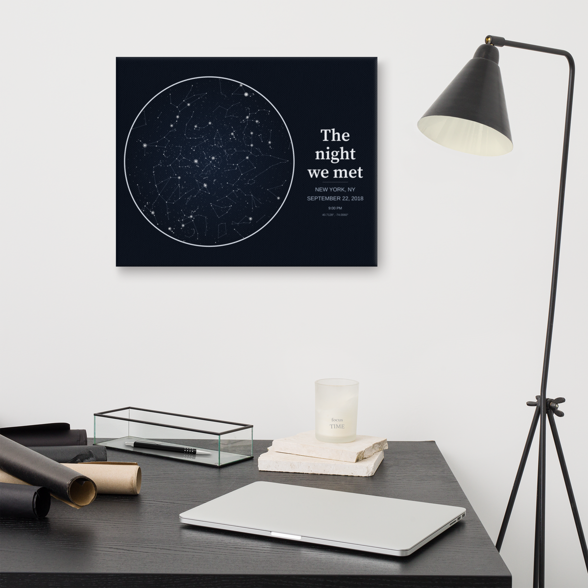 Bold statement star map canvas in a room with a desk lamp