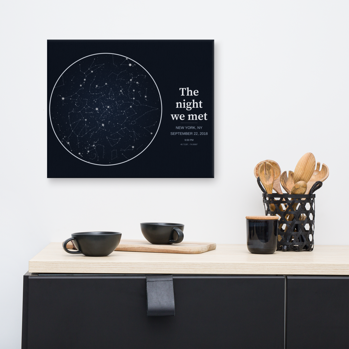 Bold statement star map canvas above a sideboard