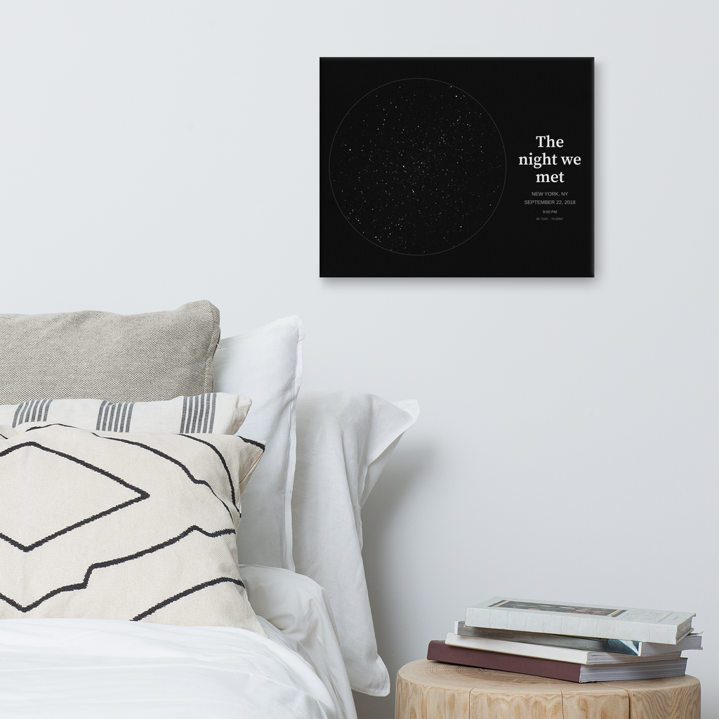 Modern minimal style star map canvas in a bedroom