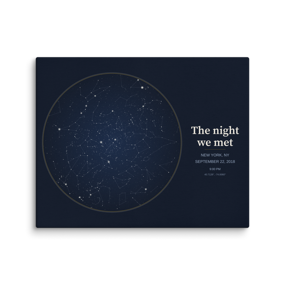 Premium navy gold style star map canvas, front view